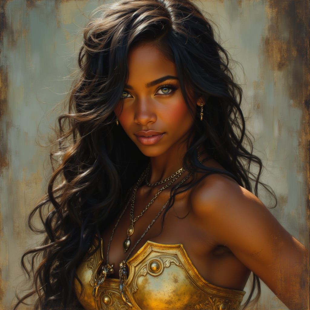 Stunning Warrior Goddess in Gold Armor, Brushed Oil Style