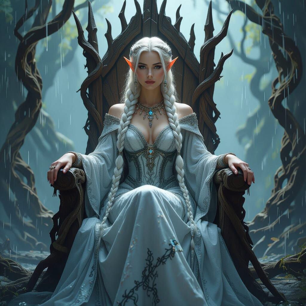 Regal Elven Queen on Throne in Hyperrealistic Style