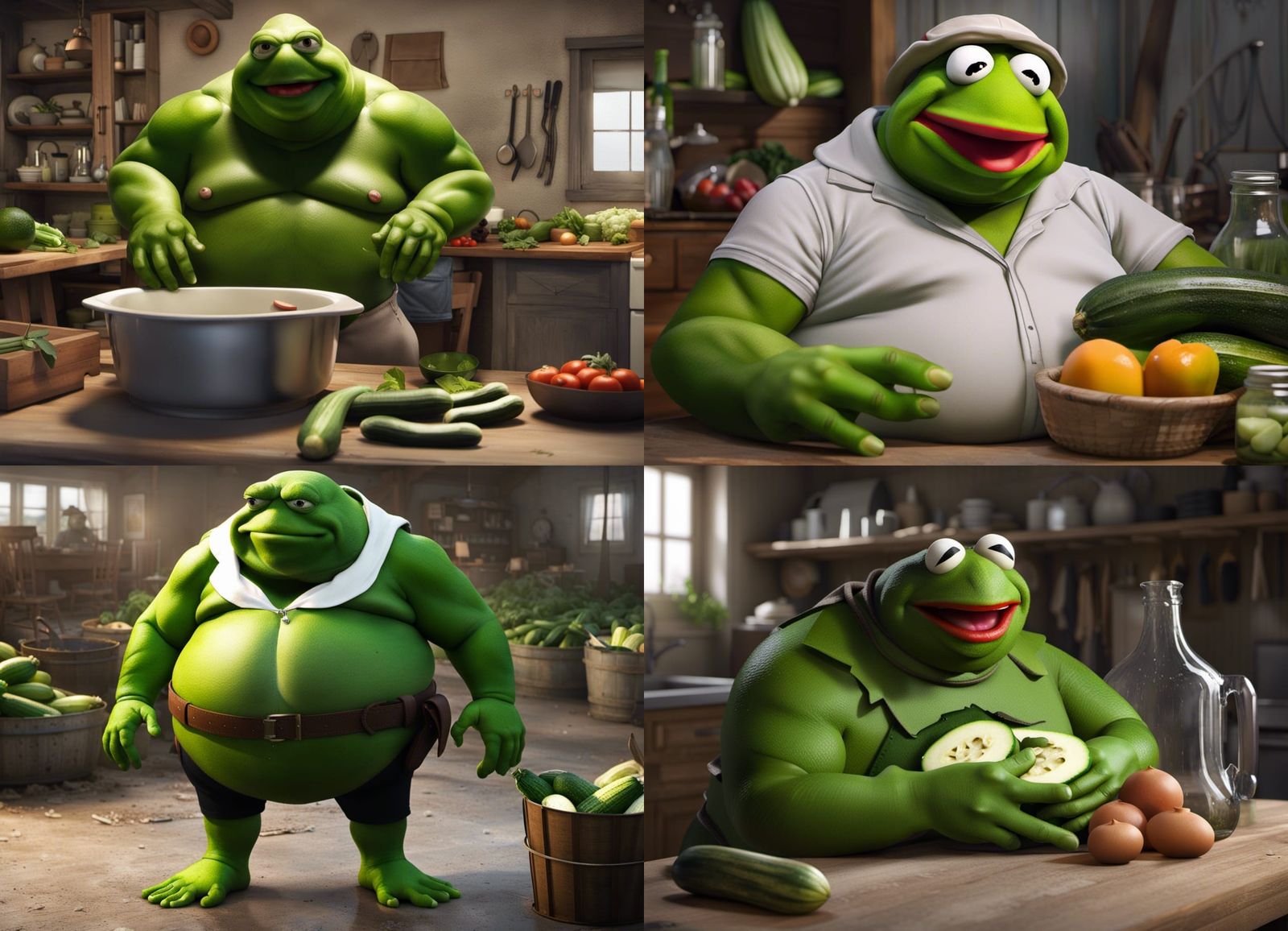 Obese Hulk Kermit Growing Zucchini: 3D Render