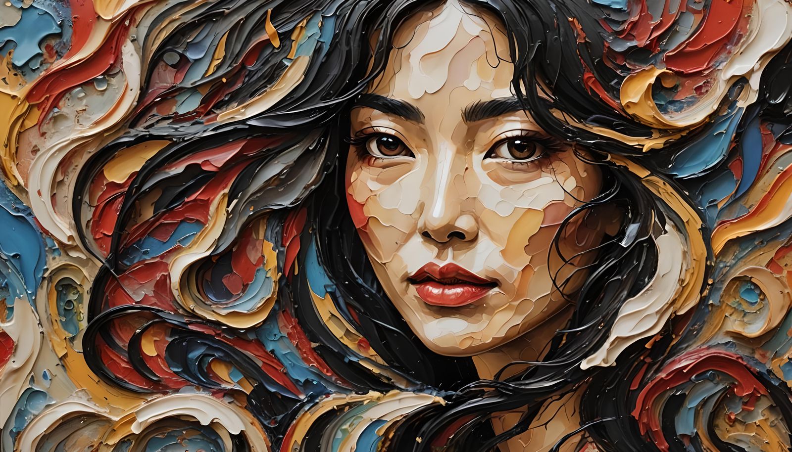 Abstract Impasto Portrait of Korean Woman with Dark Hair
