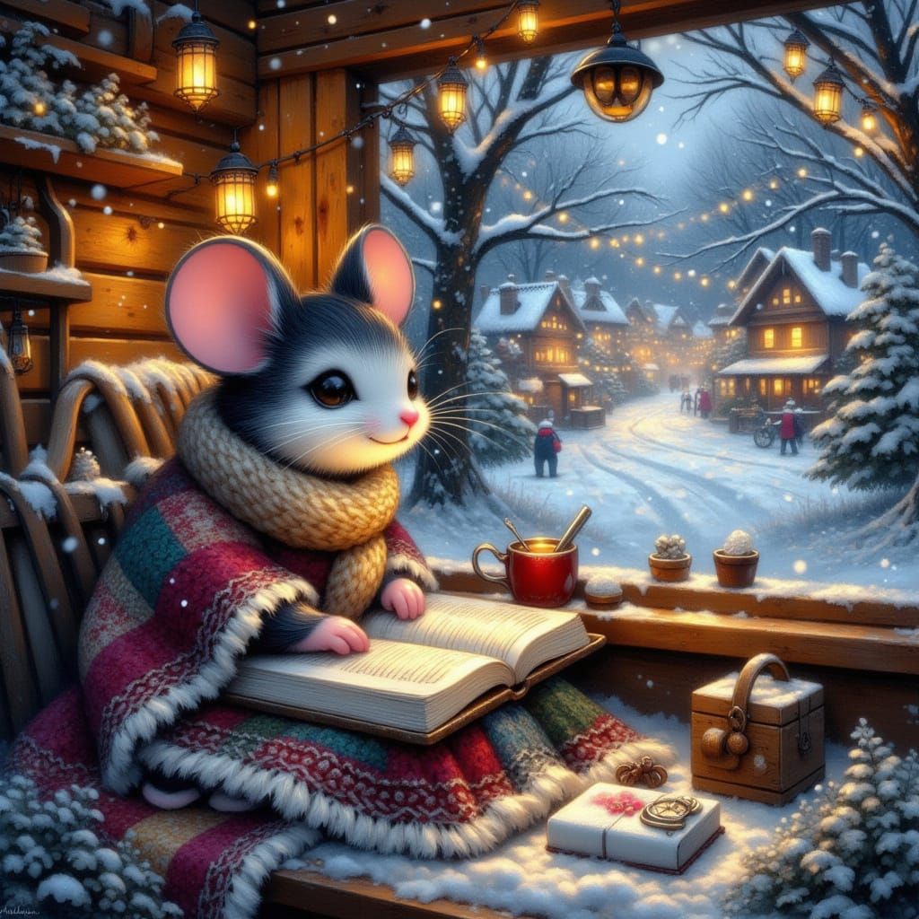 Mouse Journaler Watches Snowy Village Scene