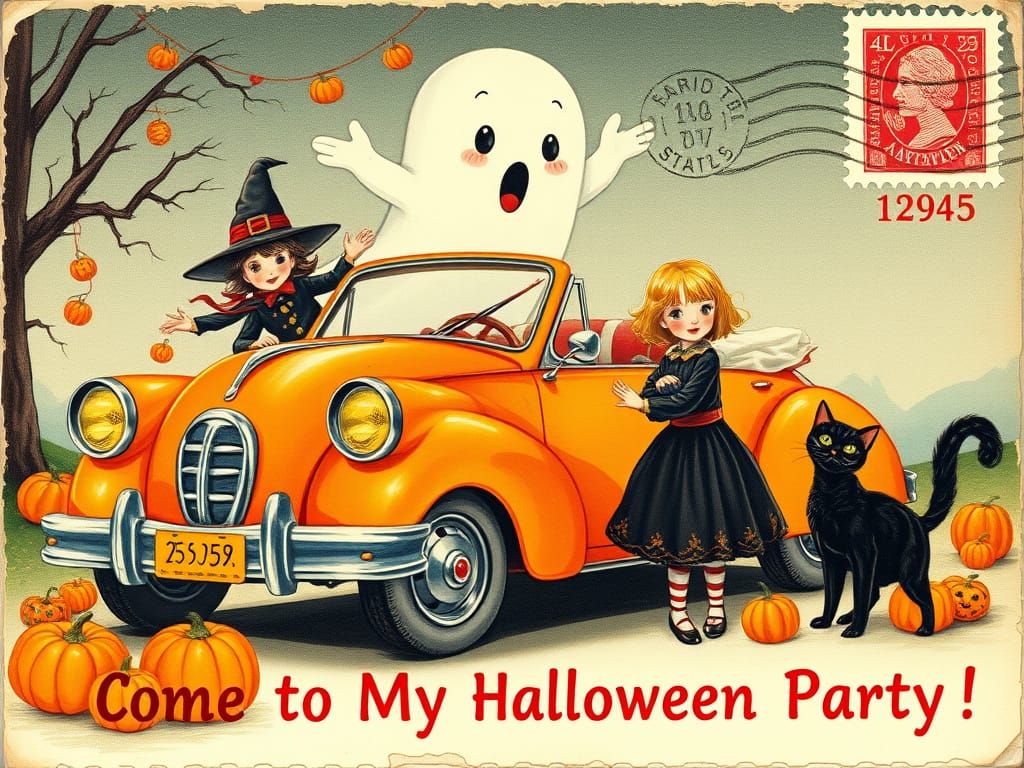 Vintage Halloween Postcard With Cute Ghost and Witch