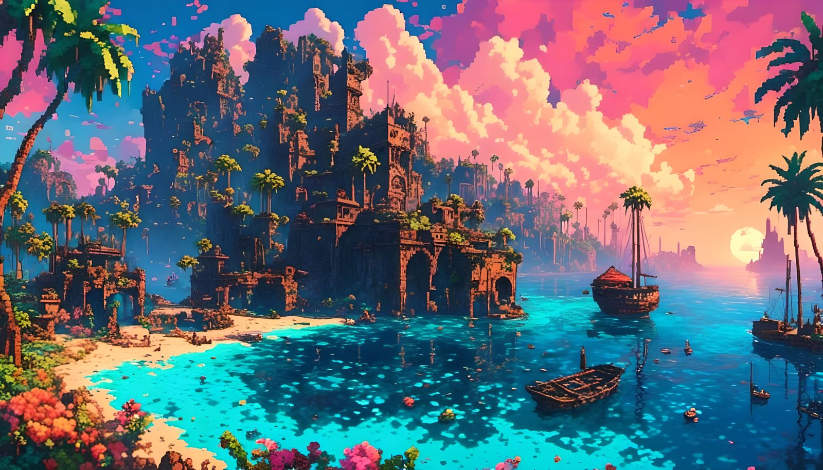 Tropical Cyberpunk Beachside Complex in Pixel Art