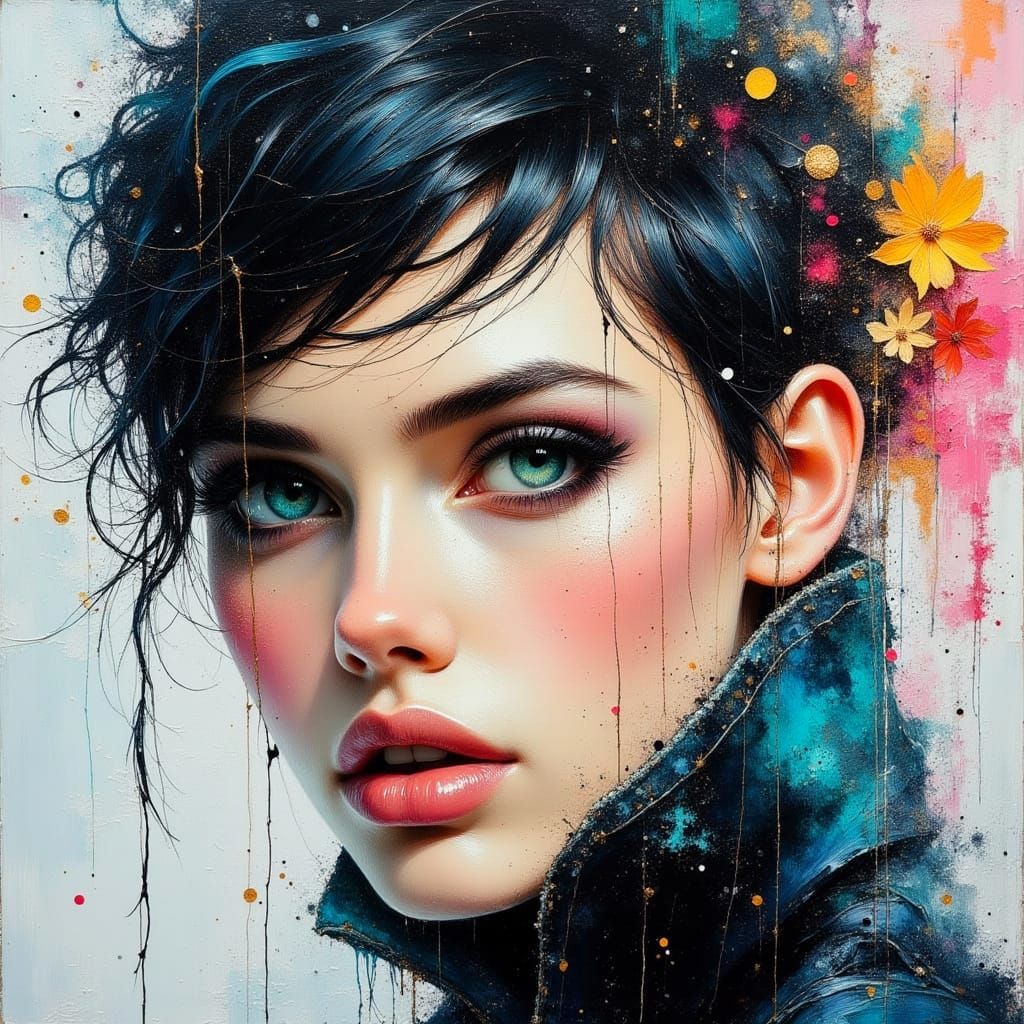 Beautiful Model with Blue-Green Eyes as Oil Painting