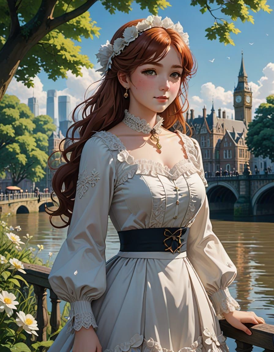 Victorian Lady by the Thames in Anime Style
