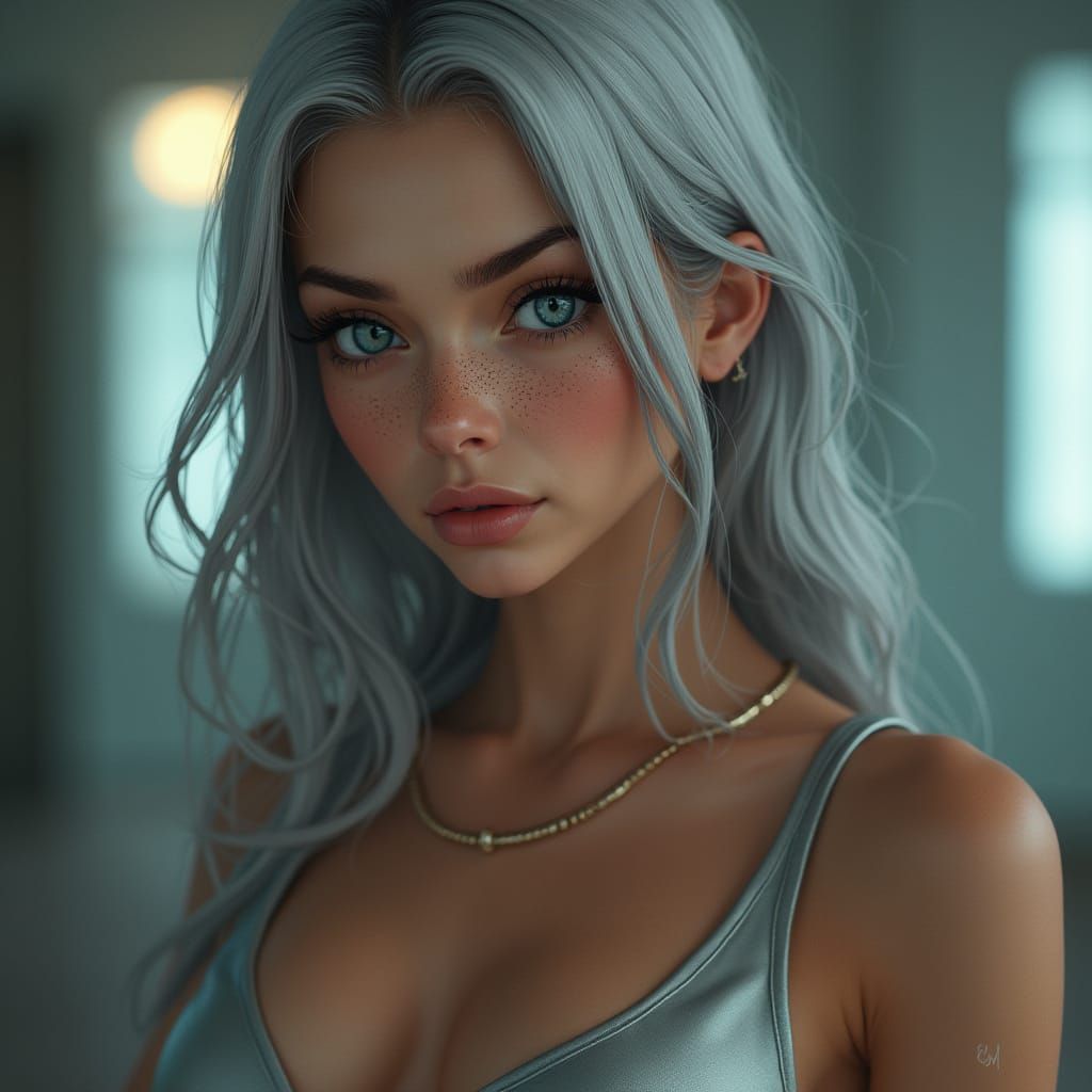 Hyperrealistic Woman with Silver Dress and Blue Eyes