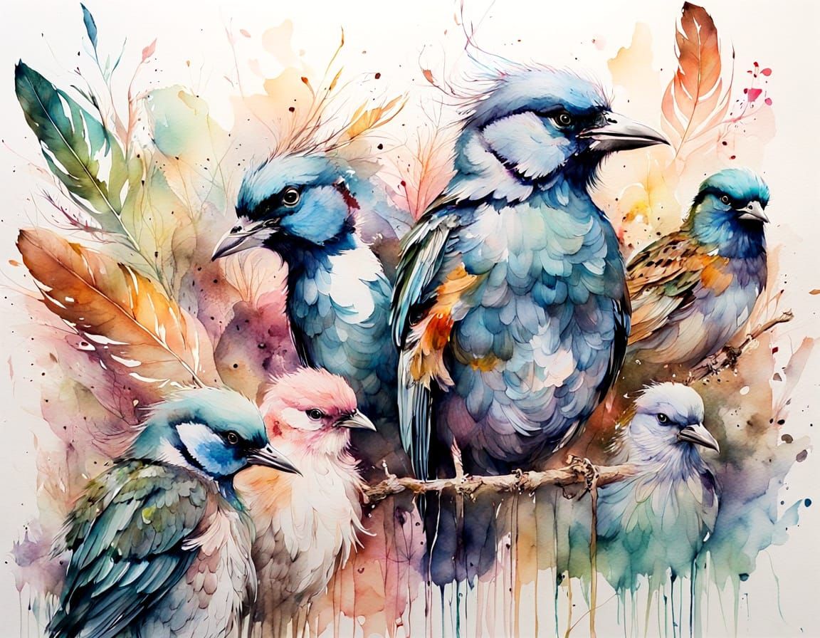 Birds Gathering in Watercolour, Carne Griffiths Style