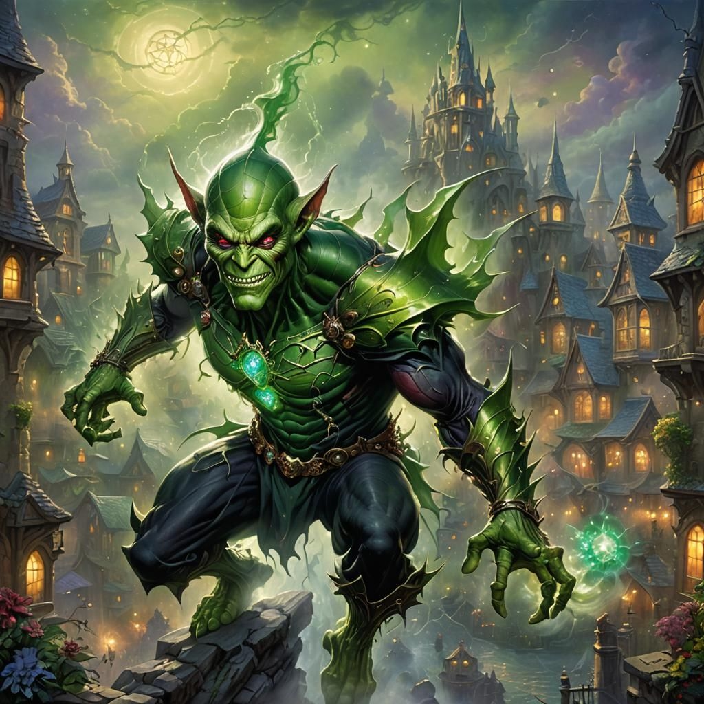 Glowing Green Goblin with Jaded Jewels in Ethereal Style