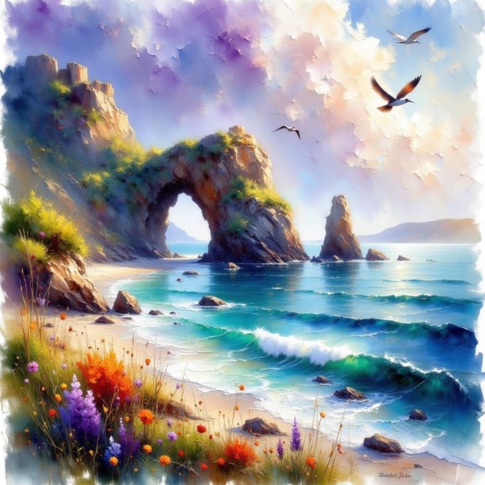 Dramatic Coastal Cliffs in Impressionist Watercolour Style