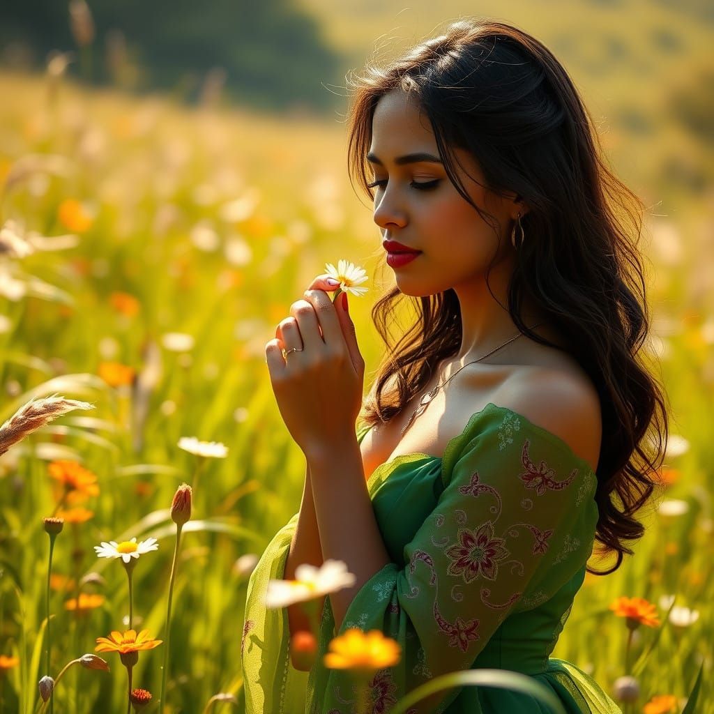 Ethereal Latina Goddess Among Lush Wildflowers in Emerald Me...