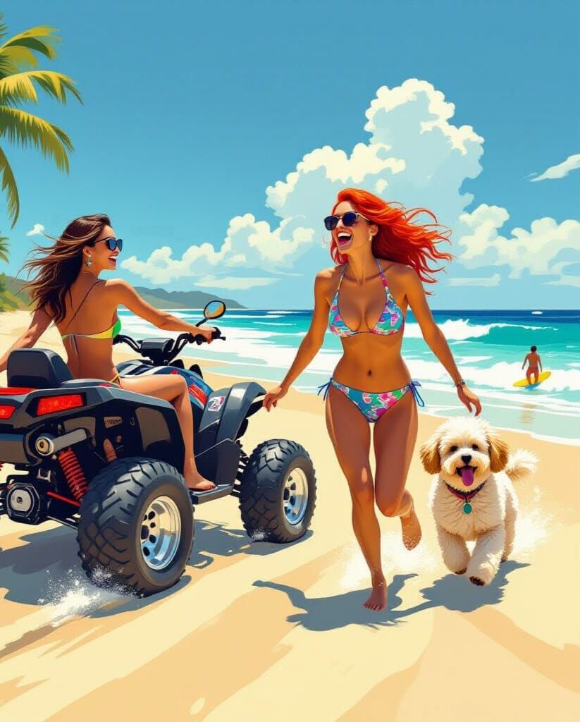 Vintage Pulp Art: Women Race Dune Buggy on Sunny Beach