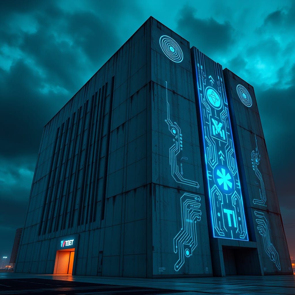 Futuristic Brutalist Building in Neon-Lit Dystopian Night