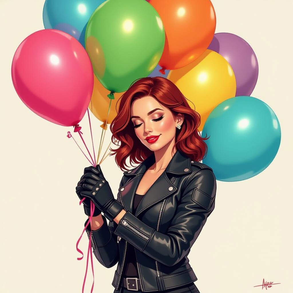 Black Widow Snuggling Party Balloons in Stylized Visuals