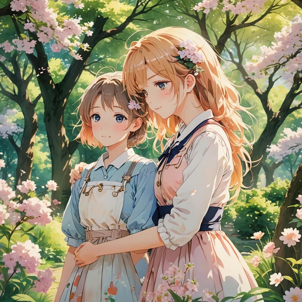 Lesbian Couple Embracing in Watercolor Anime Style