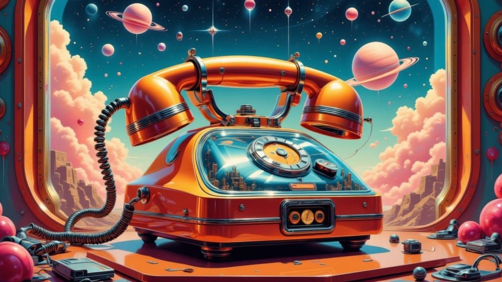 Retro-Futuristic Space Phone with Nebulae Background