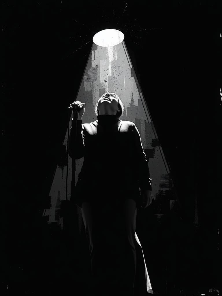 Monochrome Singer in Spotlight with Abstract Color Accents