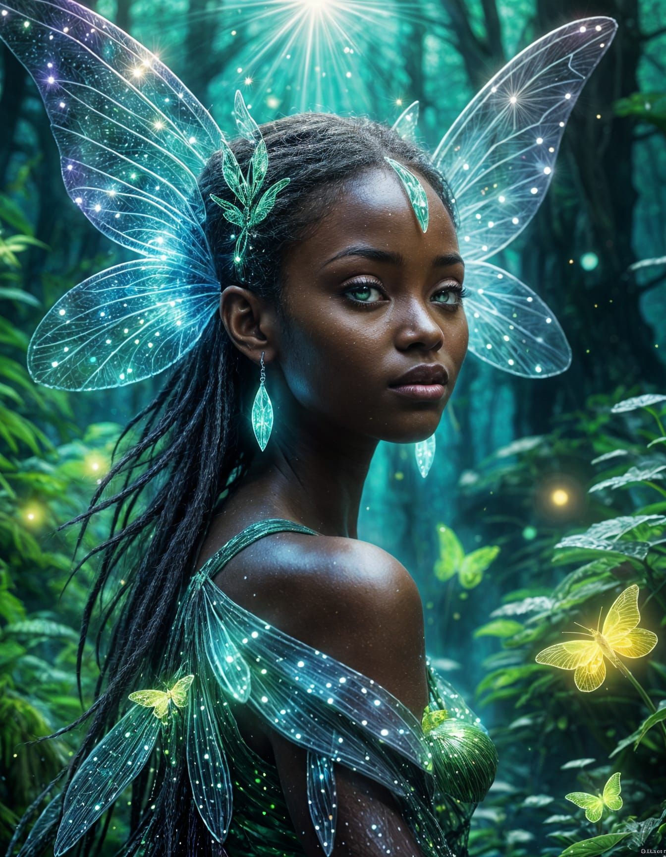 African Fairy with Bioluminescent Wings in Fantasy Forest