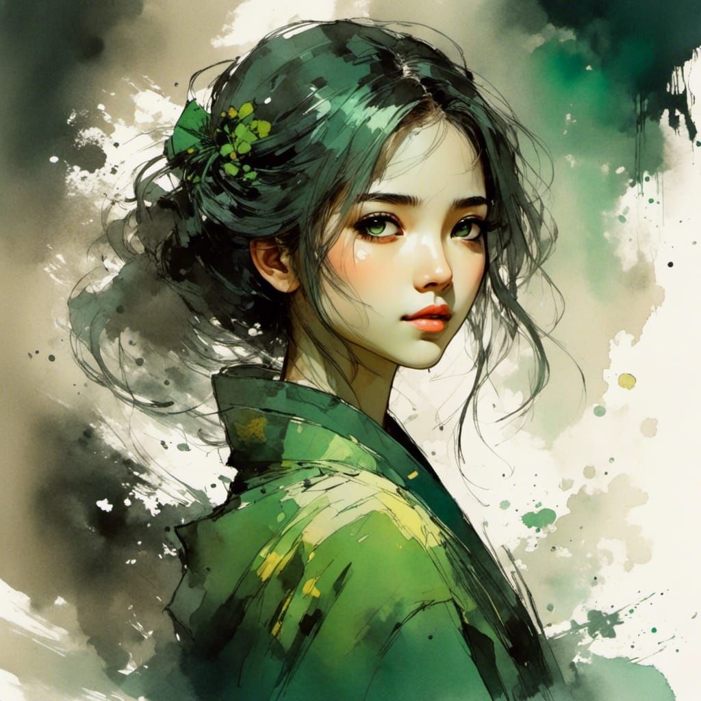 Japanese Girl with Glowing Eyes: Ink Sketch Art