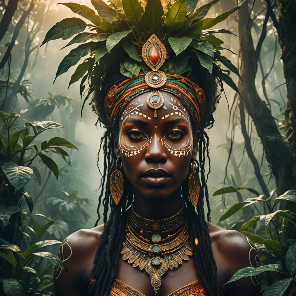 Mystical African Priestess Portrait in Surreal Style
