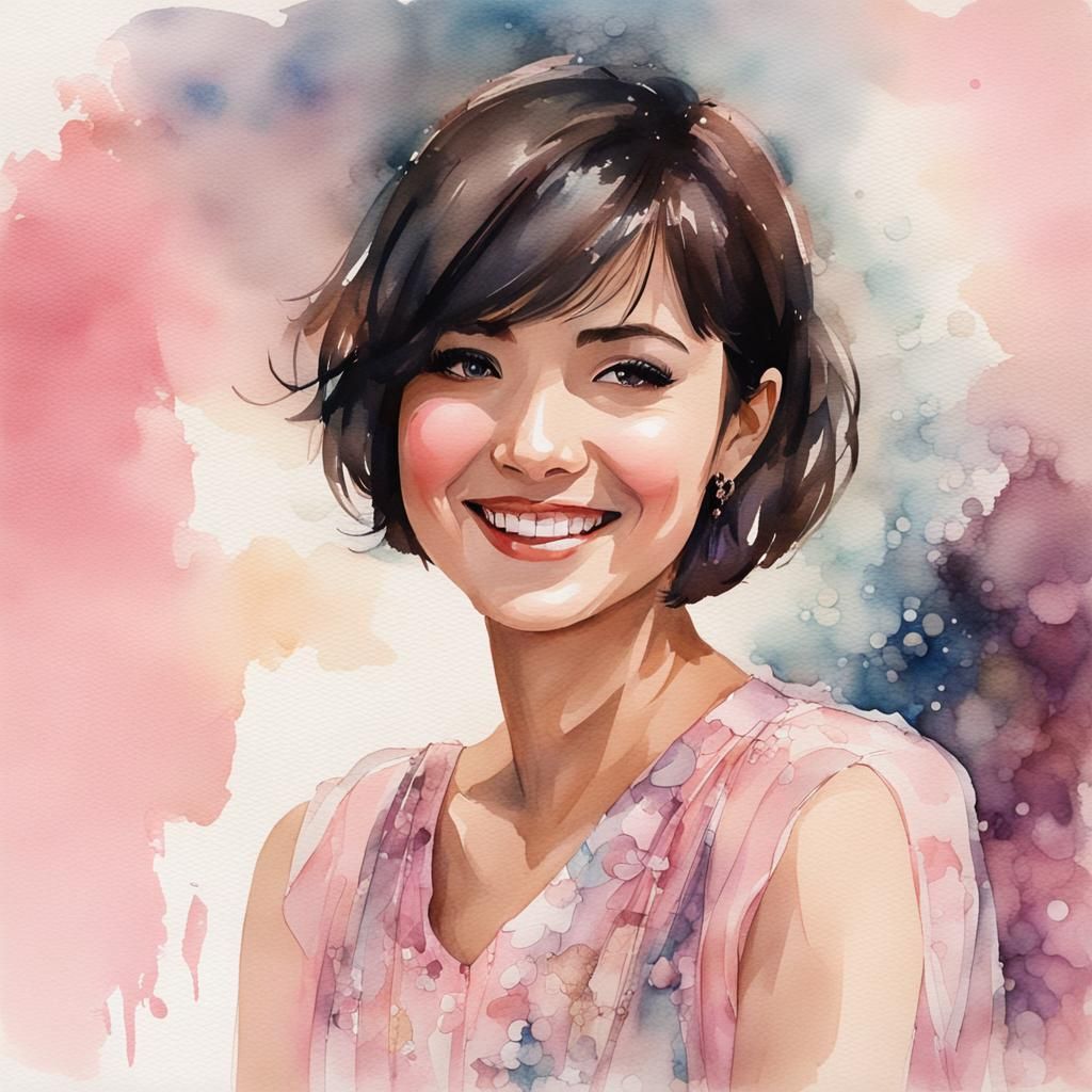 Woman with Bob Haircut in Watercolor Style
