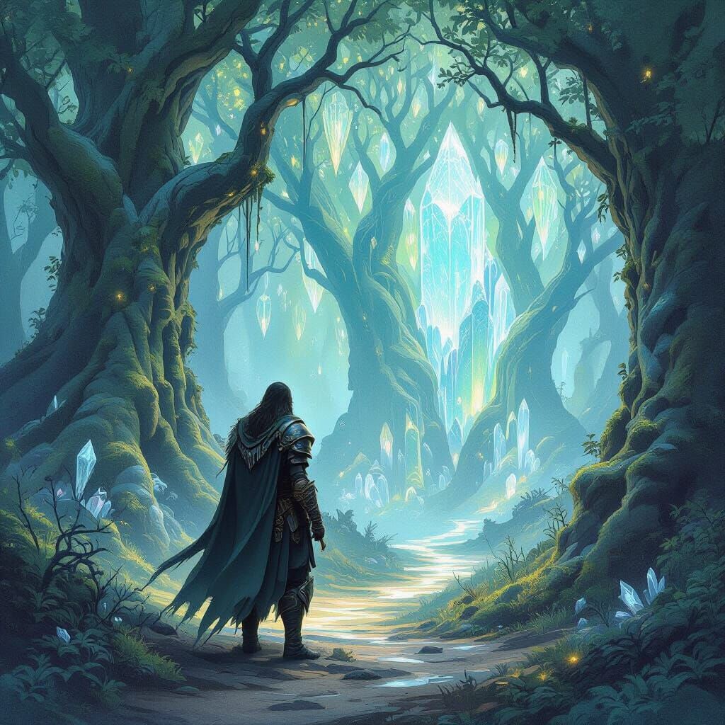 Warrior in Bioluminescent Forest, Ethereal Realism