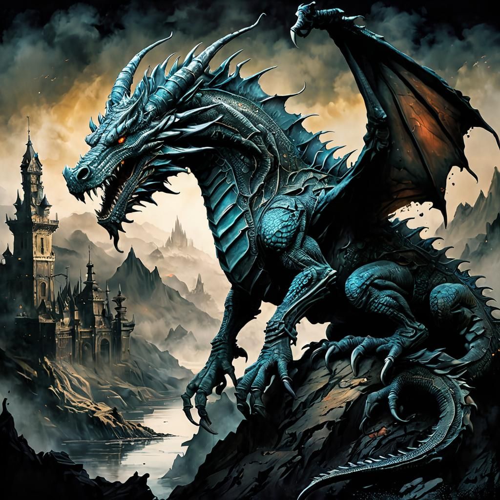 Surreal Dragon in Dark Fantasy Watercolor Art