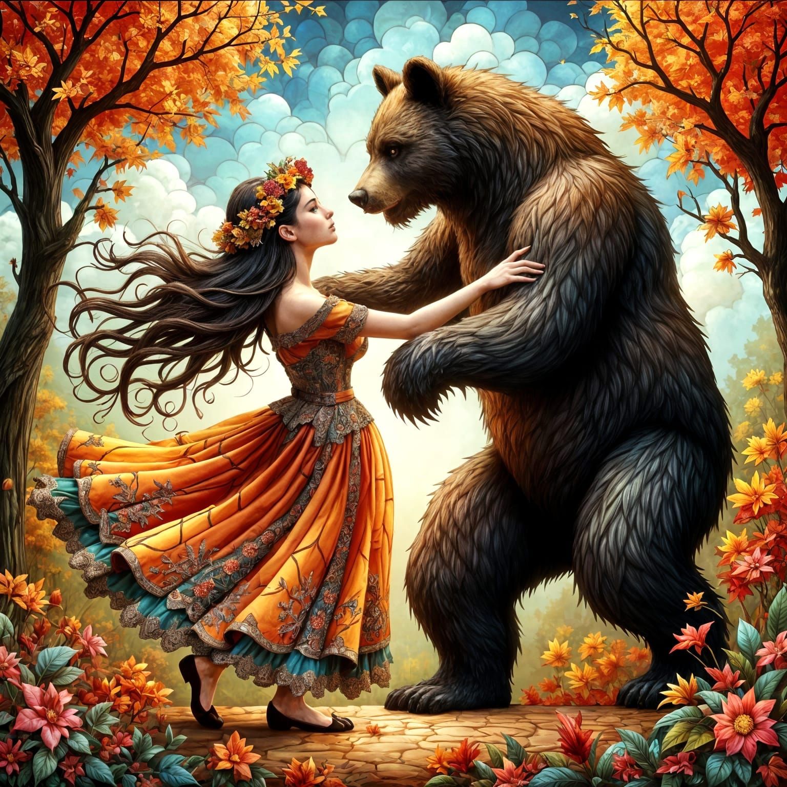 Stained Glass Girl Dancing with Bear in Autumn