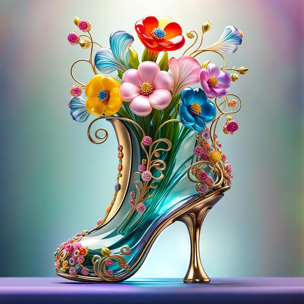 Blown Glass Flowers in Art Nouveau Crystal Boot
