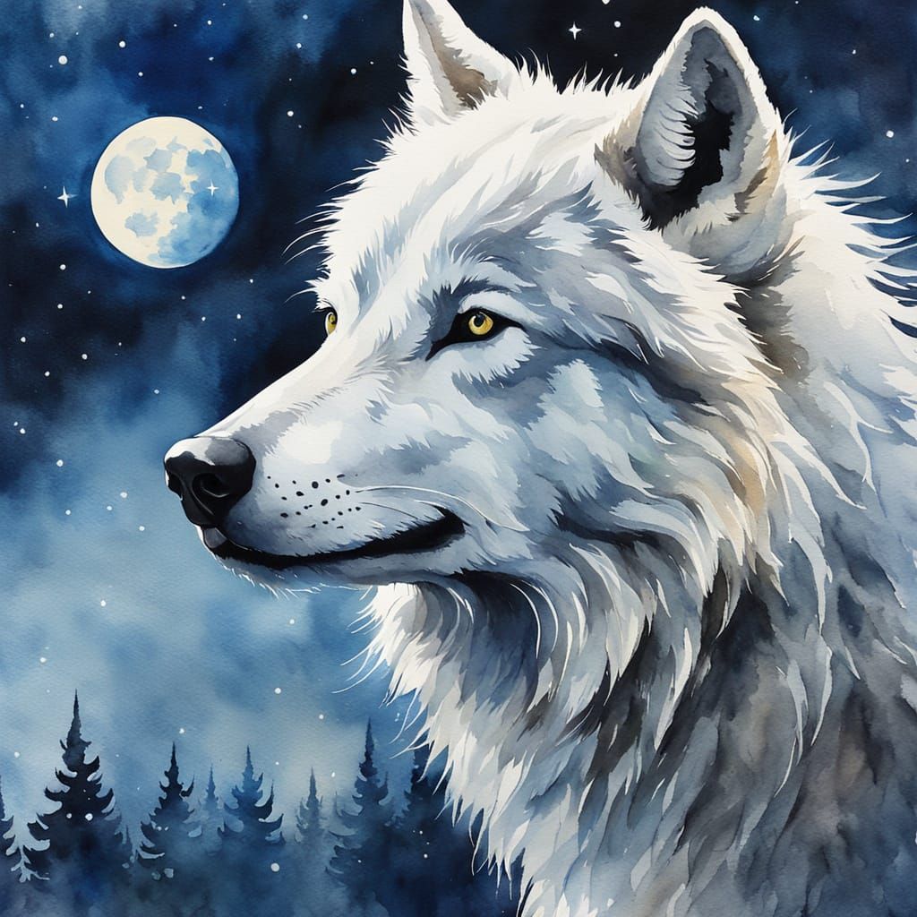 White Wolf Under Whimsical Moonlight in Watercolour