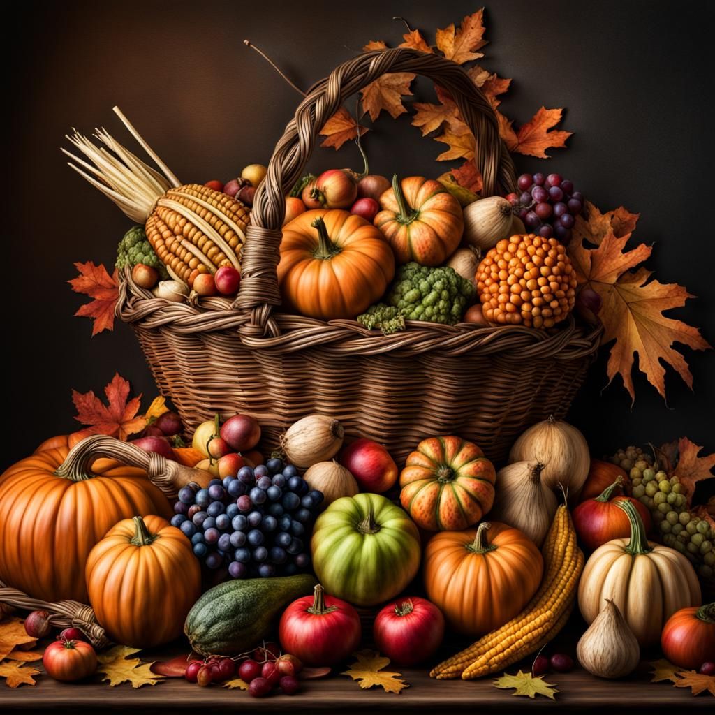 Cornucopia Overflowing with Autumn Produce in HDR