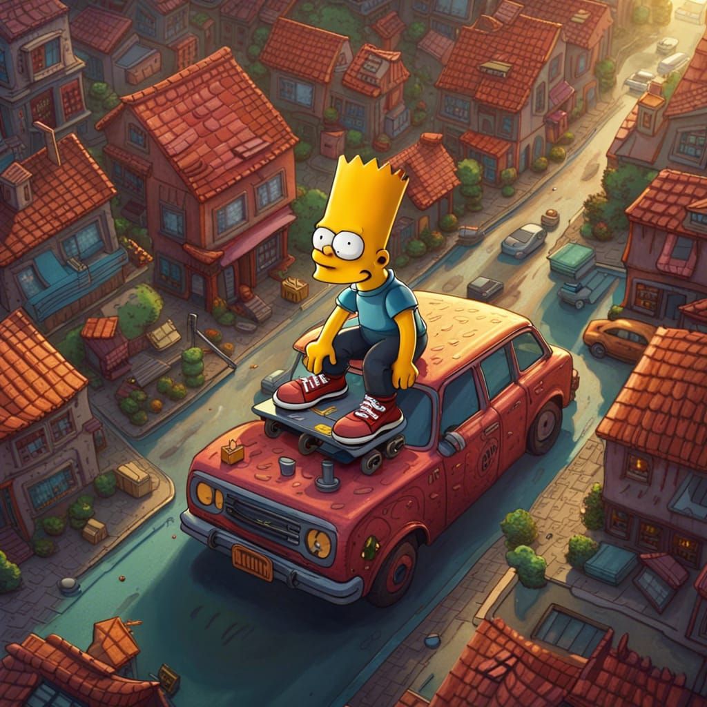 Bart Simpson Skateboarding Home: Detailed Matte Painting