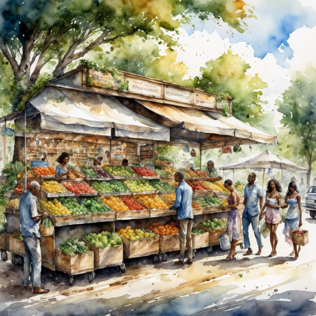 Mobile Grocery Market in Watercolor Style