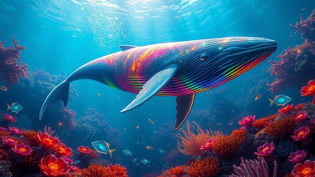 Rainbow Whale Glides Through Coral Cathedral in Fantasy Scen...