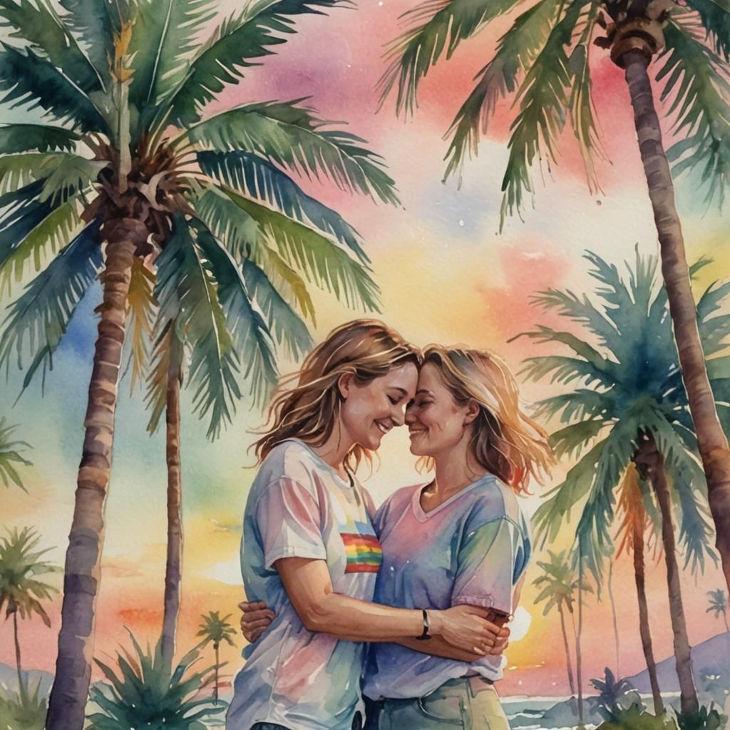 Happy Lesbian Couple Embrace in Watercolour Painting