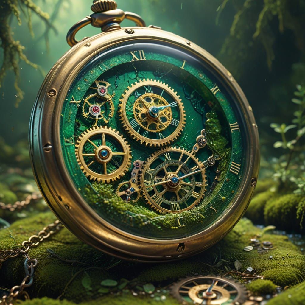 Surreal Pocket Watch Floating in Emerald Void