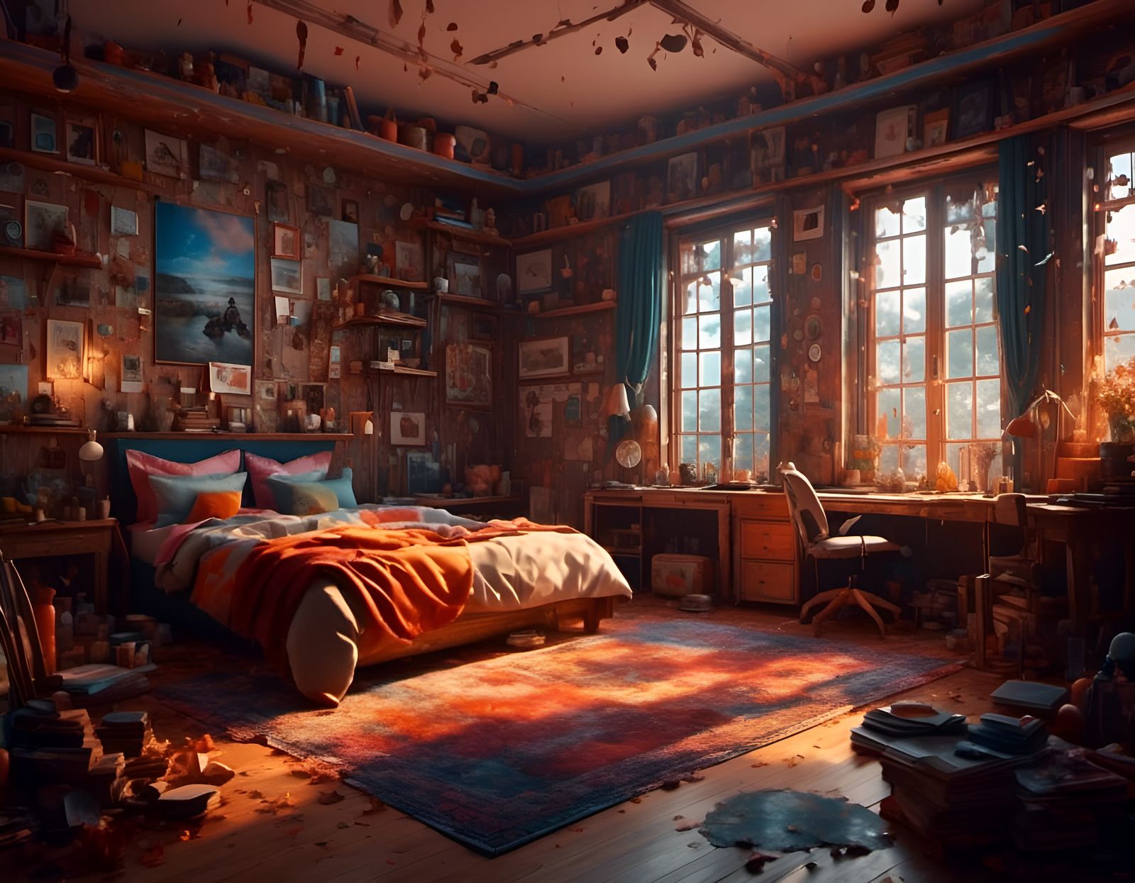 Cozy Bedroom Interior with Pictures in Hyperrealistic Style