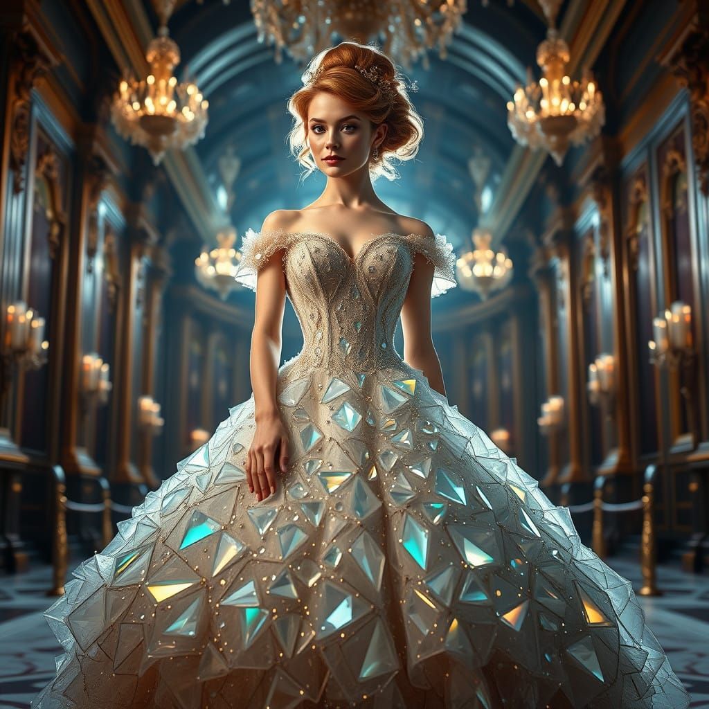 Elegant Woman in Crystal Gown, Grand Ballroom Setting