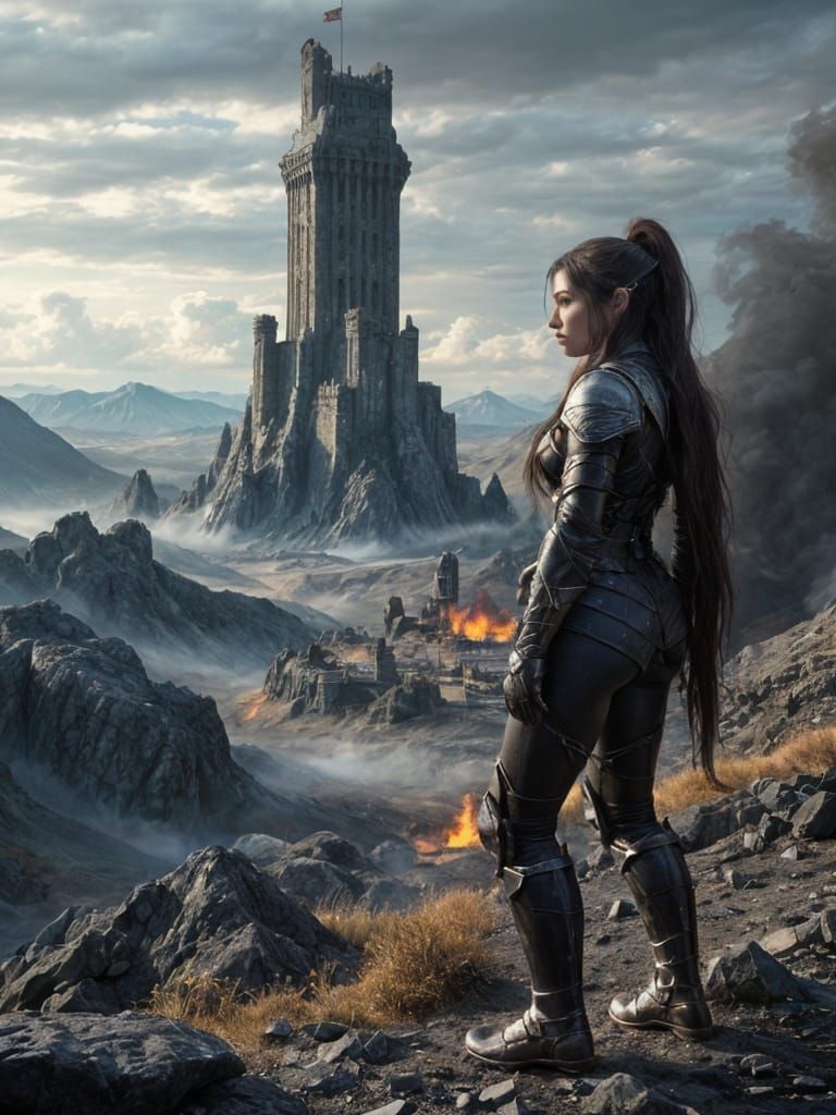 Elf Warrior Overlooks Desolated Dark Tower Valley
