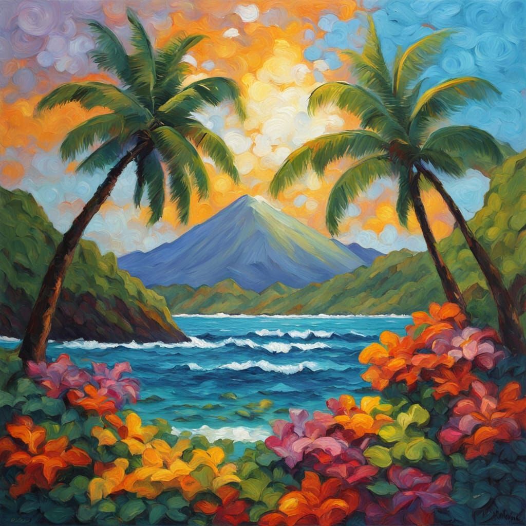 Lush Hawaiian Islands in Neo-Impressionist Style