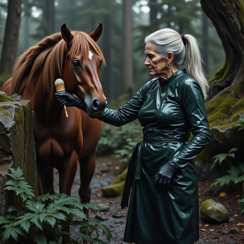 Elegant Elderly Woman Brushes Horse in Metallic Latex