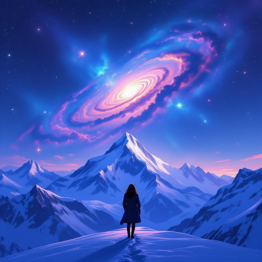 Woman Gazes at Nebula from Snowy Mountain Peak