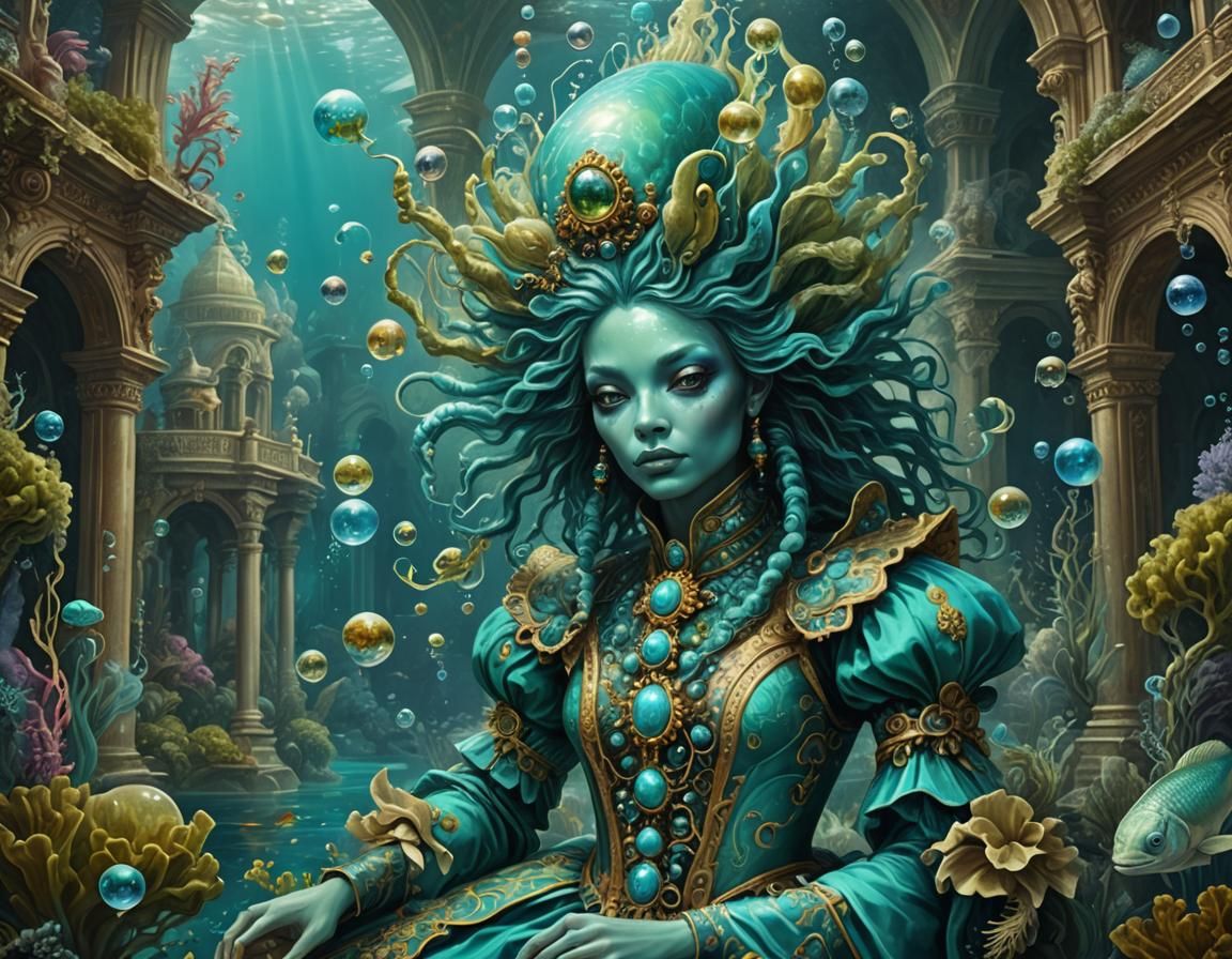 Turquoise Alien in Baroque Dress in Underwater Palace