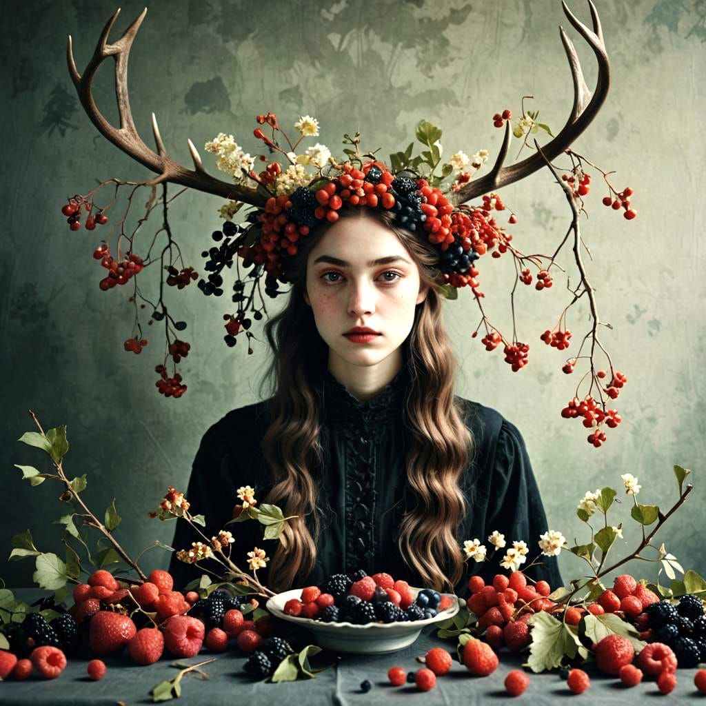 Surreal Floral Portrait with Deer in Double Exposure Minimal...