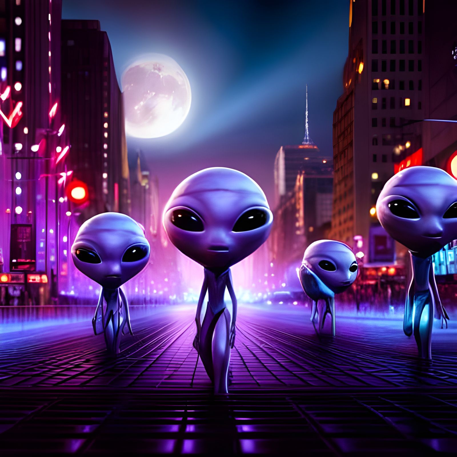 Aliens Play in Futuristic City Street