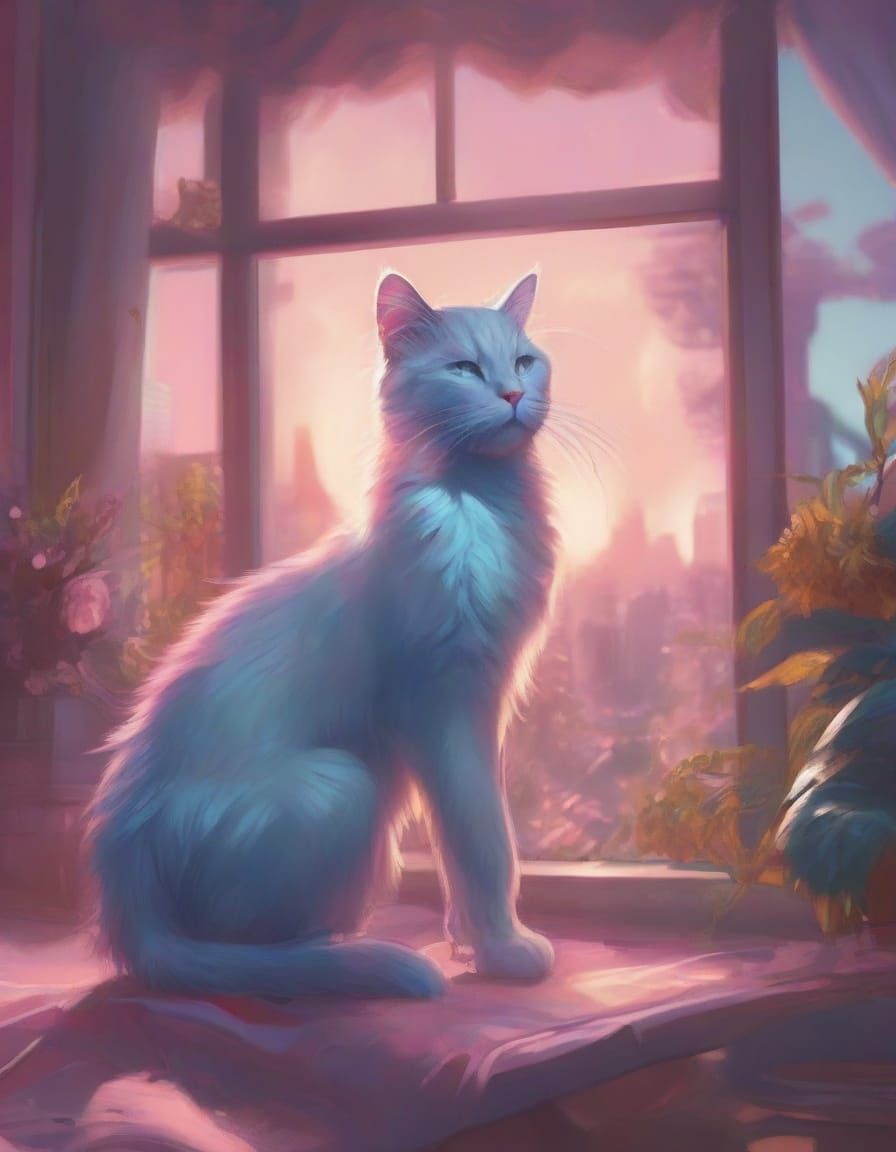 Magical Room Concept Art with Blue Cat and Sunrise