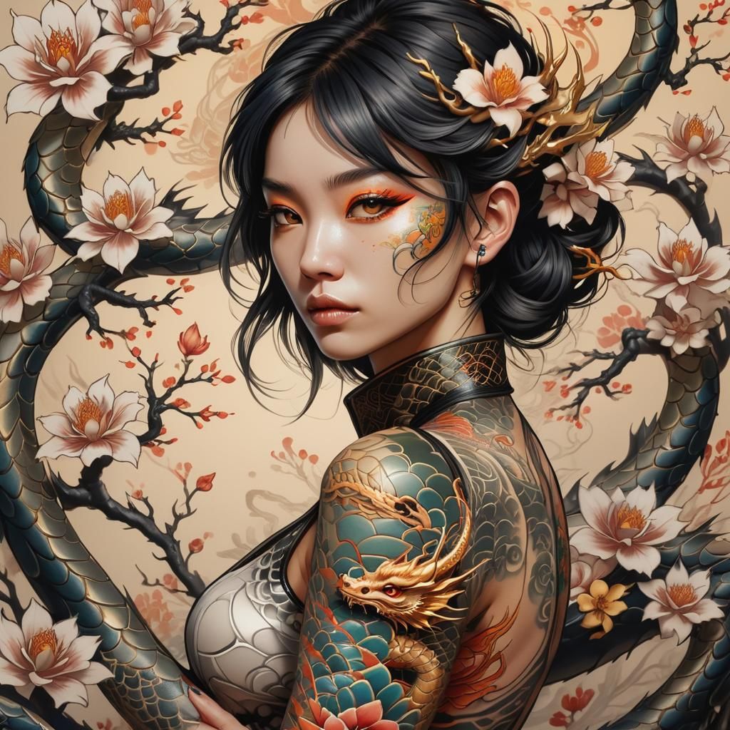 Dragon Tattoo Girl: Japanese-Inspired Digital Art