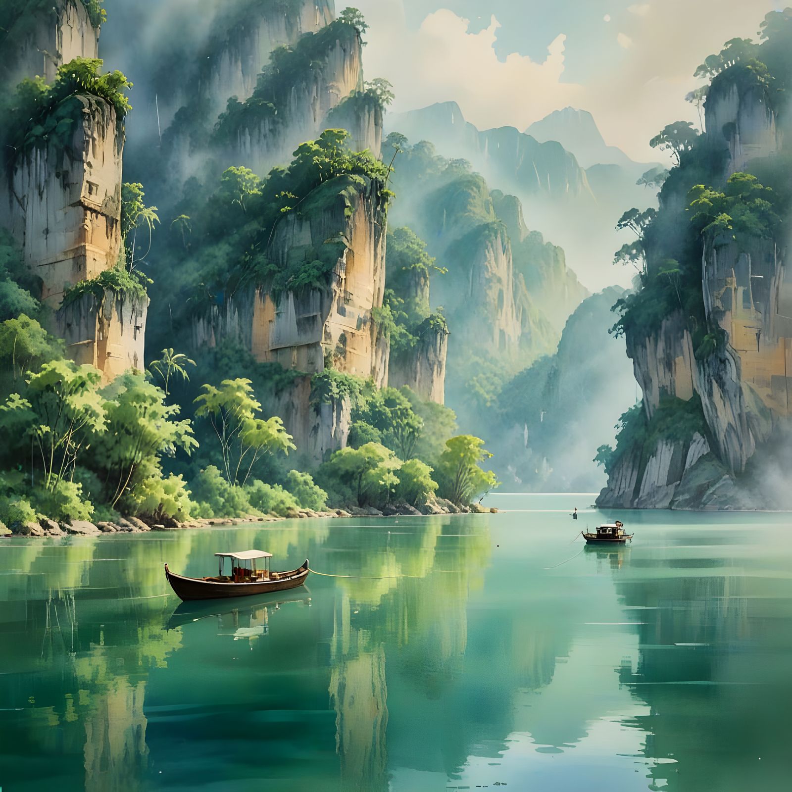 Serene Watercolor Landscape of Khao Sok National Park in Tha...