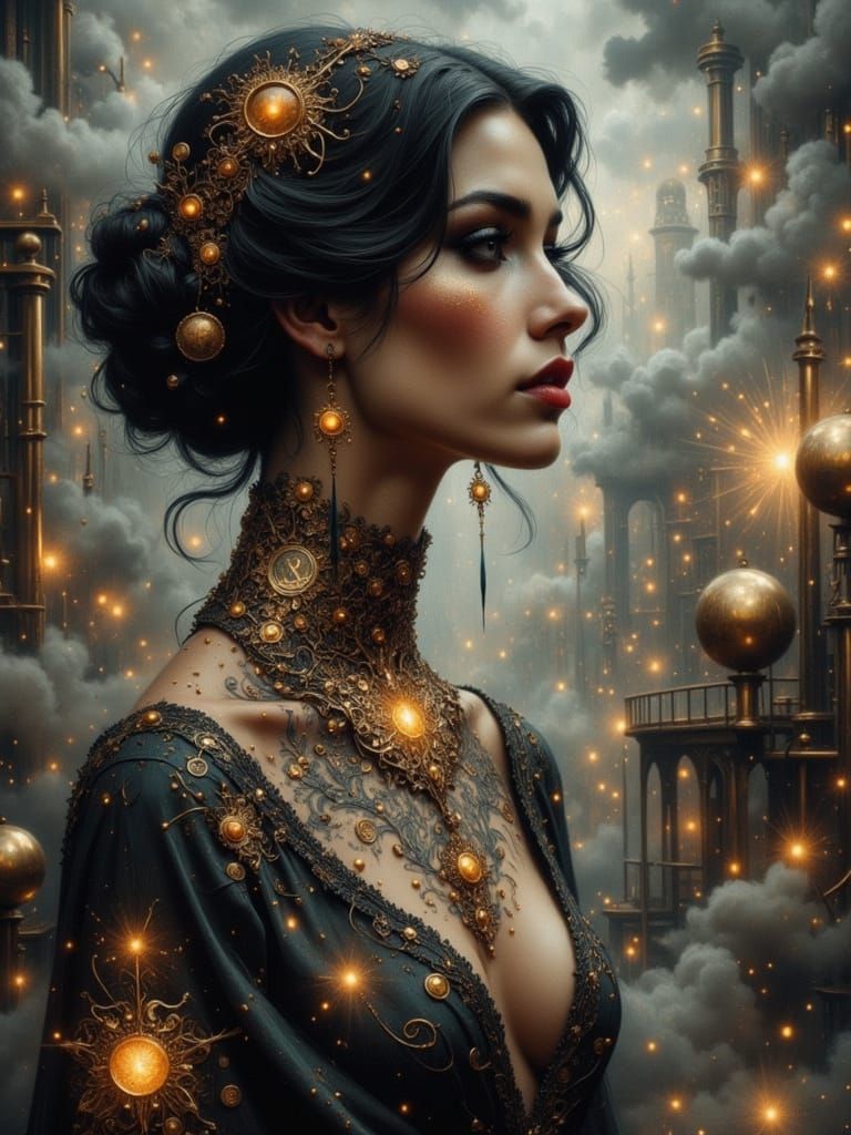 Steampunk Woman with Clockwork Tattoos and Celestial Gown