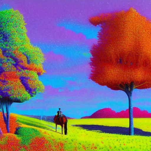 Surreal Pointillism Horse and Trees in Acrylics