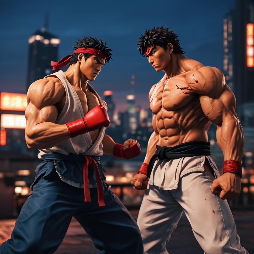 Ryu and Baki Training in Realistic Anime Style